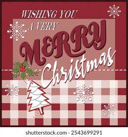 Christmas card design with lettering, tree, wreath and tartan