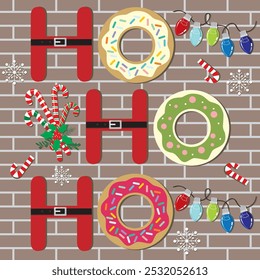Christmas card design with lights, donuts, candy cane and ho ho ho