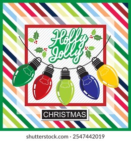 Christmas card design with Christmas lights and holly jolly