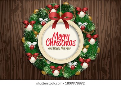 Christmas card design. Merry Christmas and Happy New Year lettering in bauble frame. Winter holiday wreath with fir tree twig, ball, red ribbon bow decoration. Greeting card design vector illustration