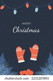 christmas card design with mittens and garland