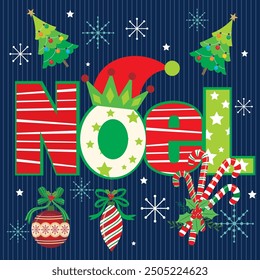 Christmas card design with noel, hat and baubles