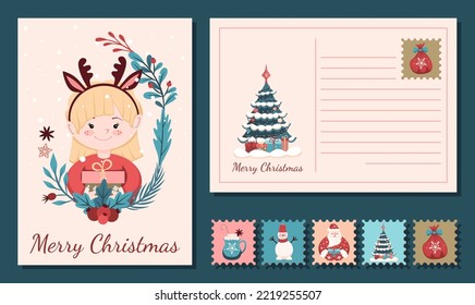 Christmas card design. On the front side is a girl with deer ears, on the back is a Christmas tree and lines for writing. Holiday stamps. Illustration for vector editing