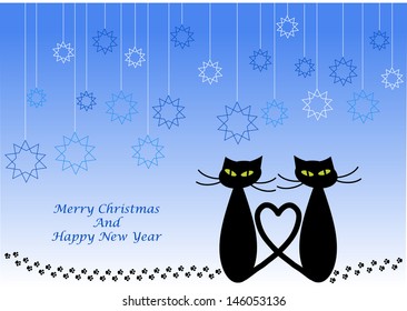 christmas card design with pair of cartoon cats, paw prints and snow flakes