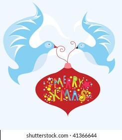 Christmas card design with a pair of doves holding a bauble