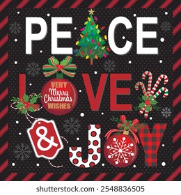 Christmas card design with peace, love, joy and baubles