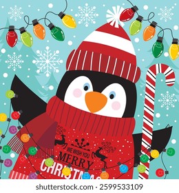 Christmas card design with penguin, candy cane and lights