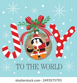 Christmas card design with penguin on bauble and joy to the world