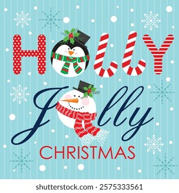 Christmas card design with penguin, snowman and holly jolly