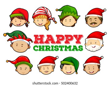 Christmas card design with people wearing party hats illustration