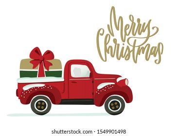 Christmas card design with pickup truck and decorated gift box. Red, green, gold vector stock image clipart with December holiday greeting hand lettering.