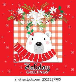 Christmas card design with polar bear and wreath flowers