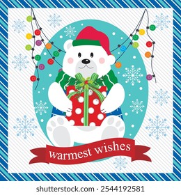 Christmas card design with polar bear, gift and lights