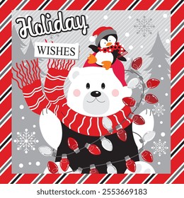 Christmas card design with polar bear, penguin and lights