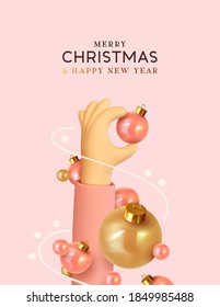 Diseño de tarjetas de Navidad. Mano 3d realista sosteniendo una brillante bola bauble adorno de Navidad. Afiche feliz año nuevo, pancarta. Objetos decorativos festivos. ilustración vectorial.