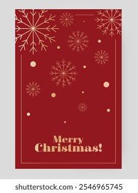 Diseño de tarjeta de Navidad. Fondo rojo con copos de nieve dorados y puntos en un arreglo festivo, con Navidades alegres. Elegante, alegre, festivo, tema de celebración de temporada