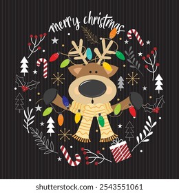 Christmas card design with Christmas reindeer and decorations