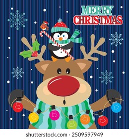Christmas card design with reindeer, lights and penguin