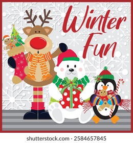 Christmas card design with reindeer, polar bear, penguin and gingerbread man