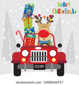Christmas card design with reindeer and presents on the car