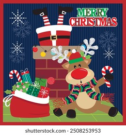 Christmas card design with reindeer and Santa stuck on chimney