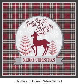 Christmas card design with reindeer and tartan background