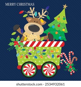 Christmas card design with reindeer and tree on carriage