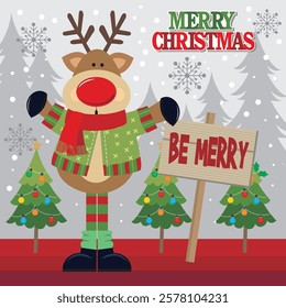 Christmas card design with reindeer and tree