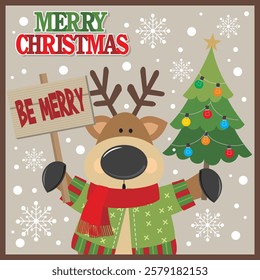 Christmas card design with reindeer, tree and be merry