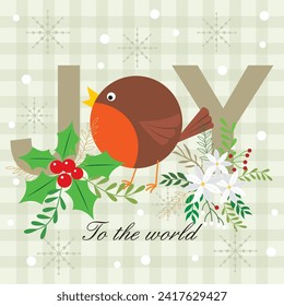 Weihnachtskartendesign mit Robin-Vogel, Kranz und Freude