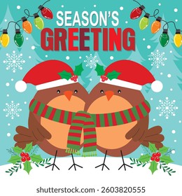Christmas card design with robin birds and lights