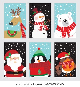 Diseño de tarjeta de Navidad con santa, oso, reno, muñeco de nieve, pingüino y pájaro petirrojo