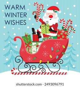 Christmas card design with Santa, candy cane and gifts on sleigh