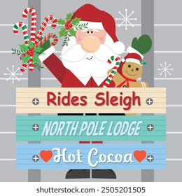 Christmas card design with Santa, candy cane, gingerbread man and sign board