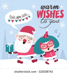 Christmas card design. Santa Claus and a little girl.