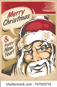 Christmas card design with Santa Claus comic style portrait. Retro Christmas greeting card on old paper texture.