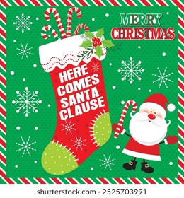 Christmas card design with Santa clause, candy cane and stocking