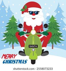 Christmas card design with Santa driving scooter