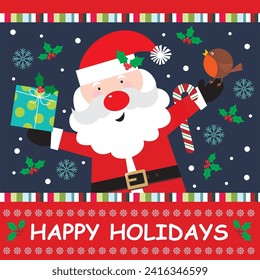 Christmas card design with santa, gift and robin bird