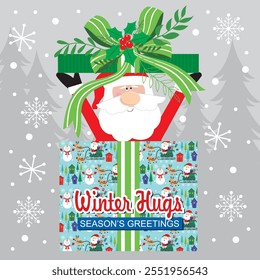Christmas card design with Santa in gift box