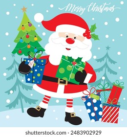 Christmas card design with santa, gifts and tree