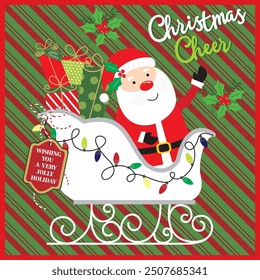 Christmas card design with Santa and gifts on sleigh