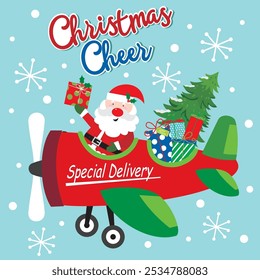 Christmas card design with Santa, gifts and tree on the plane