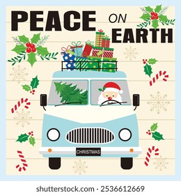 Christmas card design with Santa, gifts and tree on the car