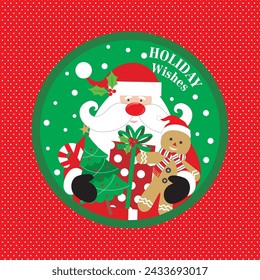 Christmas card design with santa, gingerbread man, gift and tree