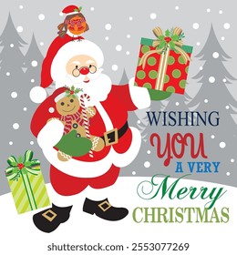 Christmas card design with Santa, gingerbread man and gifts