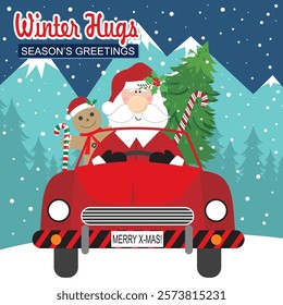 Christmas card design with Santa and gingerbread man on the car