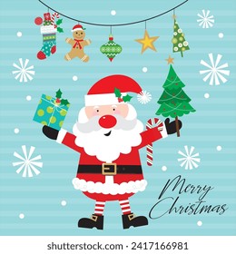 Christmas card design with santa holding gift and tree