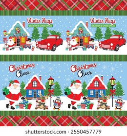 Christmas card design with Santa, house, car, snowman, penguin and reindeer