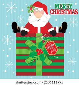 Christmas card design with Santa on the gift box